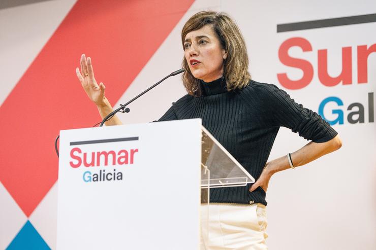 A candidata de Sumar Galicia á presidencia da Xunta de Galicia, Marta Lois, intervén durante un acto de campaña de Sumar / Agostime 