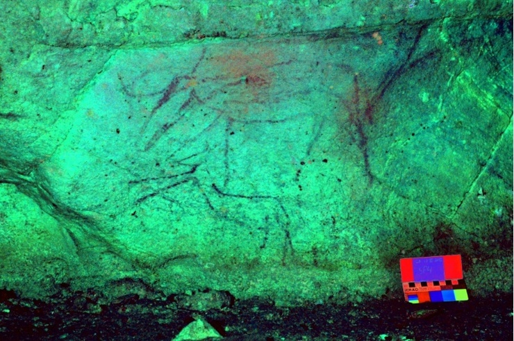 Imaxe, tratada para destacar os elementos artísticos atopados na Cova Eirós de Triacastela (Lugo)