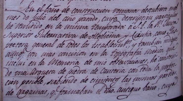 Escrito no que o médico Xacobe Fernández Mariño dá conta da descuberta do baño da rúa Real de Cuntis