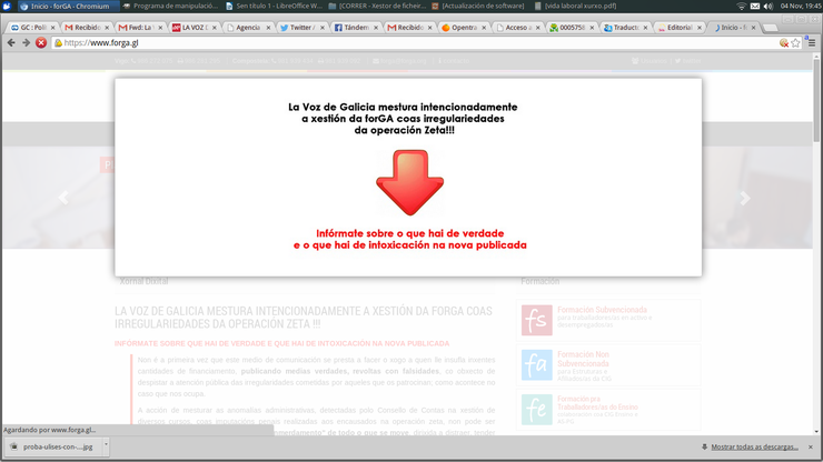 Pantallazo da web do Forga no que se alude directamente ás manipulacións de La Voz de Galicia