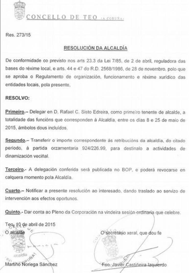 Resolución do alcalde de Teo pola que deixa o cargo durante a campaña Resolución do alcalde de Teo pola que deixa o cargo durante a campaña