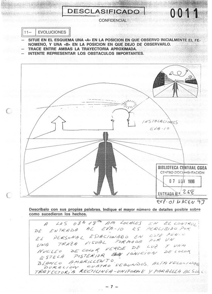 Folla dun informe de Defensa desclasificado sobre un avistamento ovni en Noia / Ministerio de Defensa.