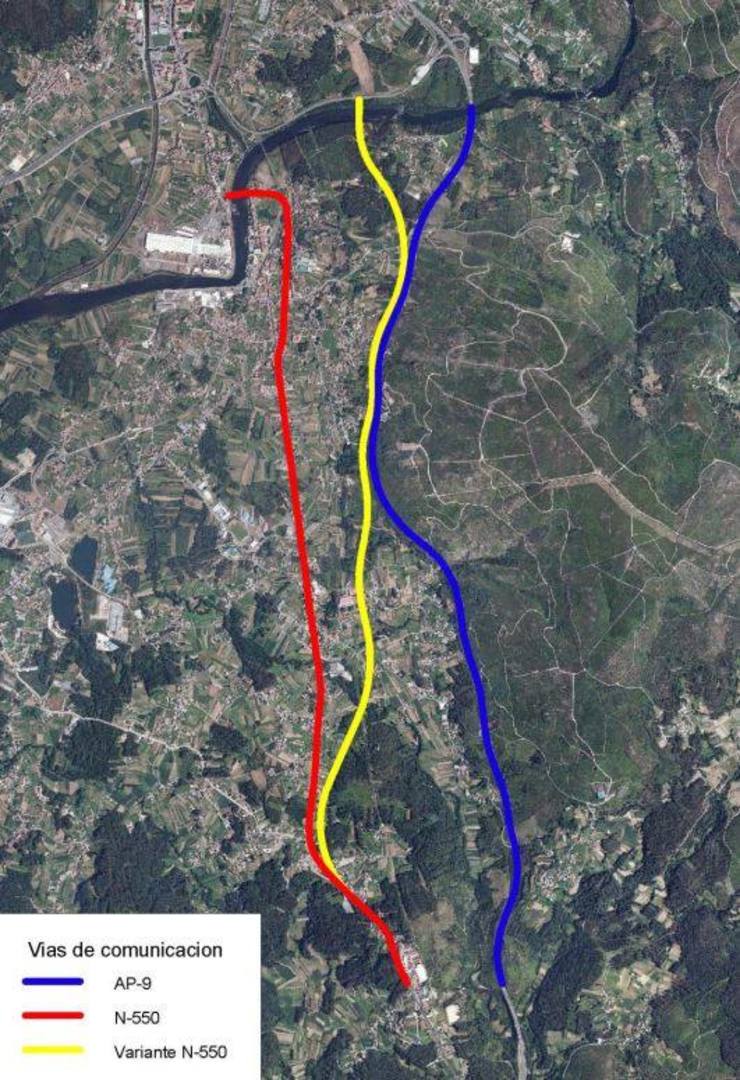 Plano das tres vías que pronto poden circular paralelas na zona de Valga-Pontecesures