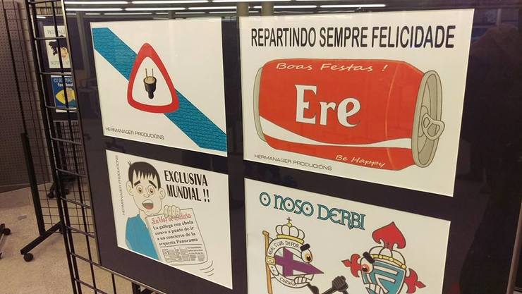 Viñetas da exposición de Xosé Manuel Fernández na biblioteca Anxel Casal de Santiago 