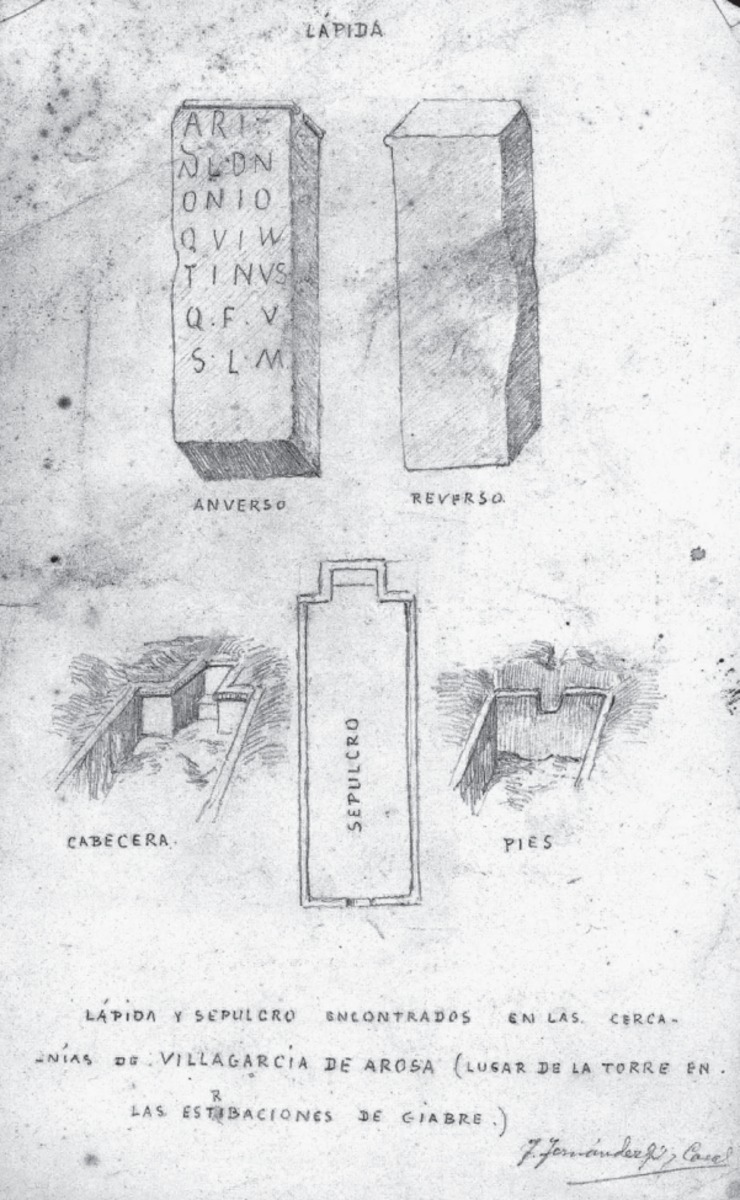 Ara de Trabanca e sepulcro ao que apareceu asociada, segundo Juan Fernández Gil e Casal. (Real Academia Galega, F. Oviedo Arce, caixa 125, carp. núm. 5, s.n.). / Carlos Santos Fernández en Cuadernos de Estudios Gallegos (2016).