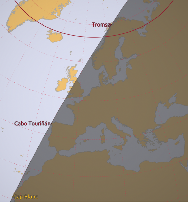 O 24 de abril e 18 de agosto o momento de último solpor europeo, que se produce simultaneamente nas Costa da Morte e nun lugar próximo á cidade norueguesa de Tromsø, coincide co do último solpor do continente africano 