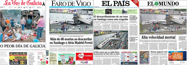 O accidente de tren en Angrois, nas portadas do 25 de xullo de 2013 de La Voz de Galicia, Faro de Vigo, El País e El Mundo.