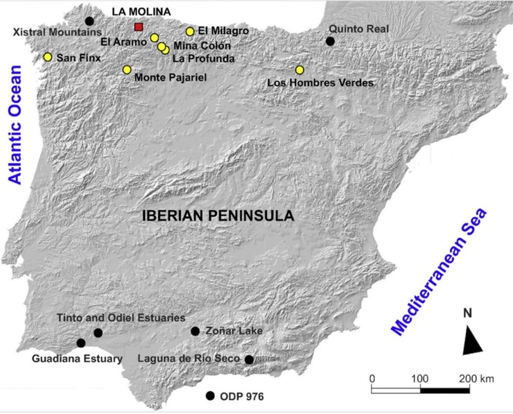 Mapa da Península mostrando a localización da turbeira da Molina 