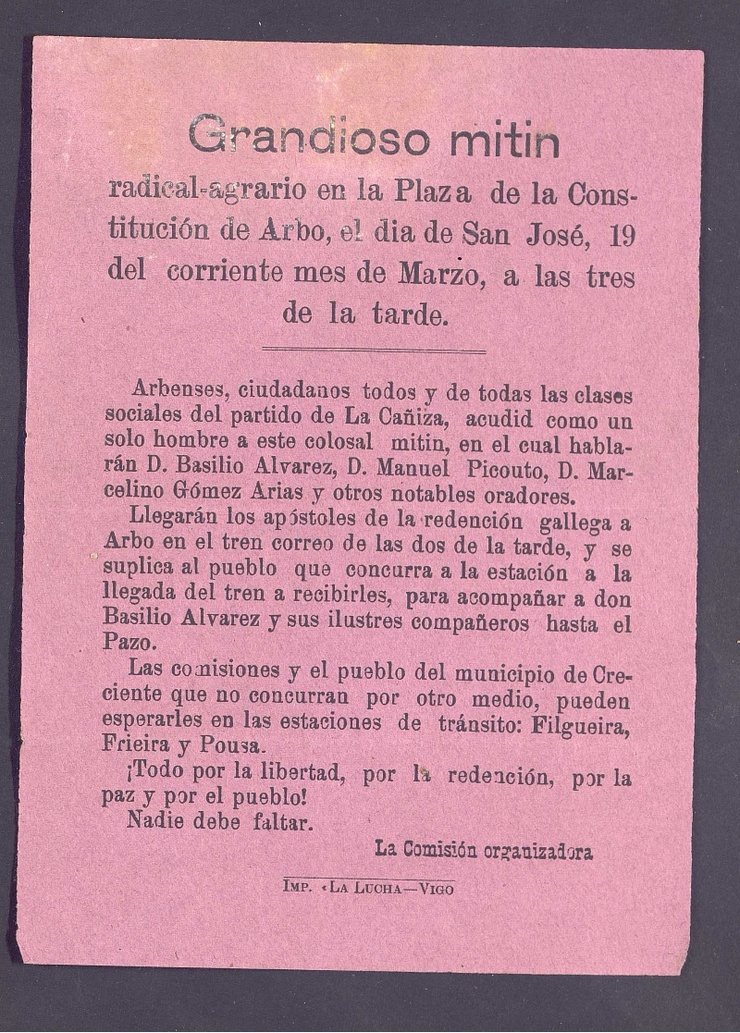 Detalle do anuncio dun mitin en Arbo de 1923 