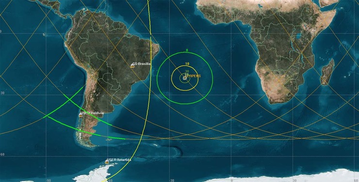 Mapa da zona estimada de reentrada na atmosfera de Serpens 