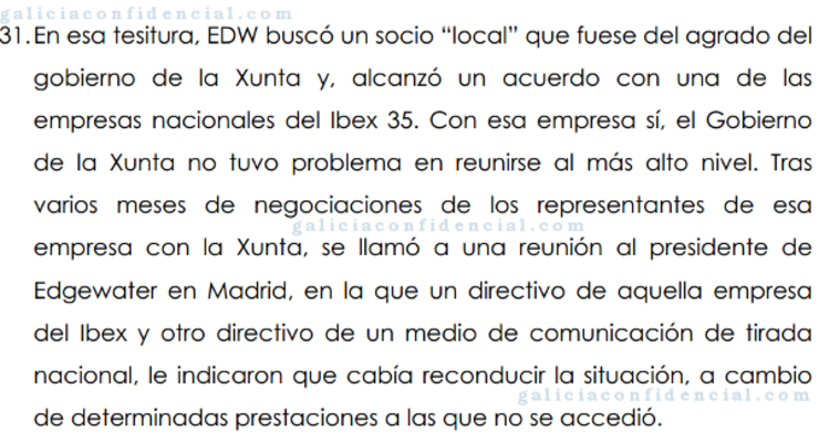 Parte da demanda xudicial de Edgewater, mineira de Corcoesto, na que relata unha suposta reunión de Feijóo cun directivo dun medio de comunicación e un empresario do IBEX 35