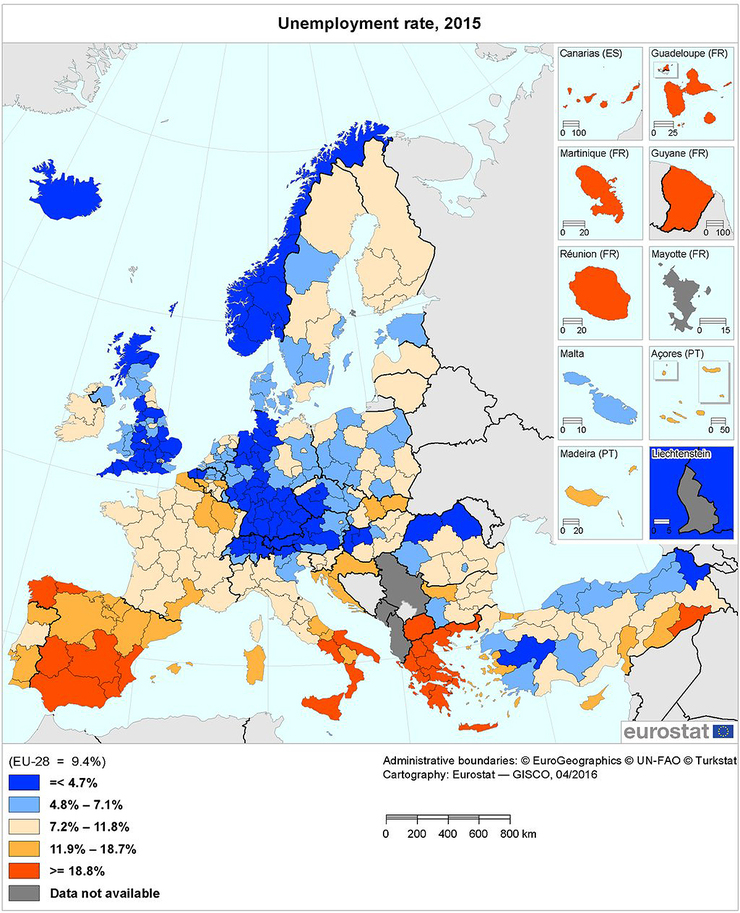 Mapa europeo do paro en 2015 por rexións 
