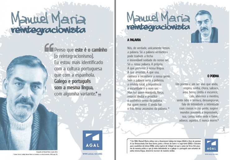 Carteis da AGAL no que defenden o perfil reintegracionista de Manuel María