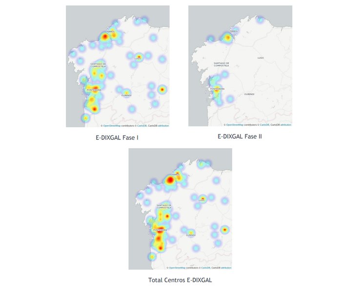 Representación a través de mapas de calor da implantación do Proxecto E-DIXGAL 