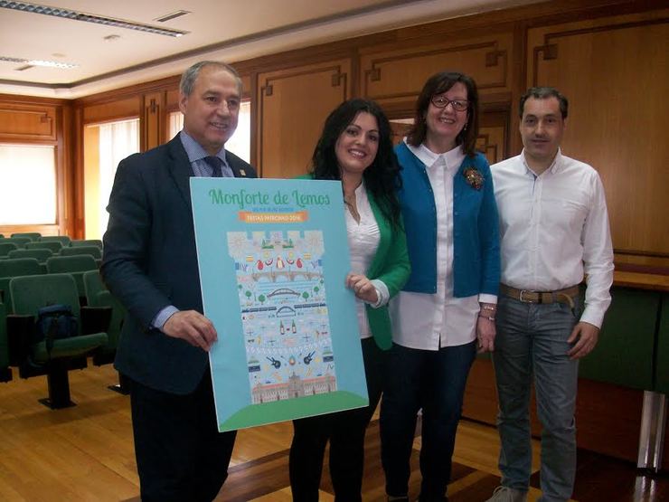Edith Nieves, gañadora do concurso do cartel das festas de Monforte, co alcalde, José Tome, entre outros 