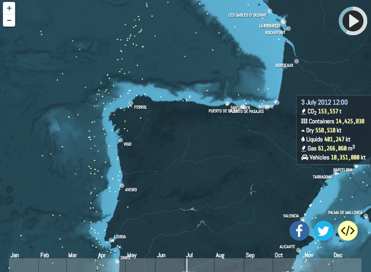 Tráfico marítimo fronte a costa galega, no mapa interactivo da UCL Energy Institute.