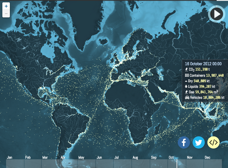Mapa interactivo do tráfico marítimo mundial, da UCL Energy Institute.