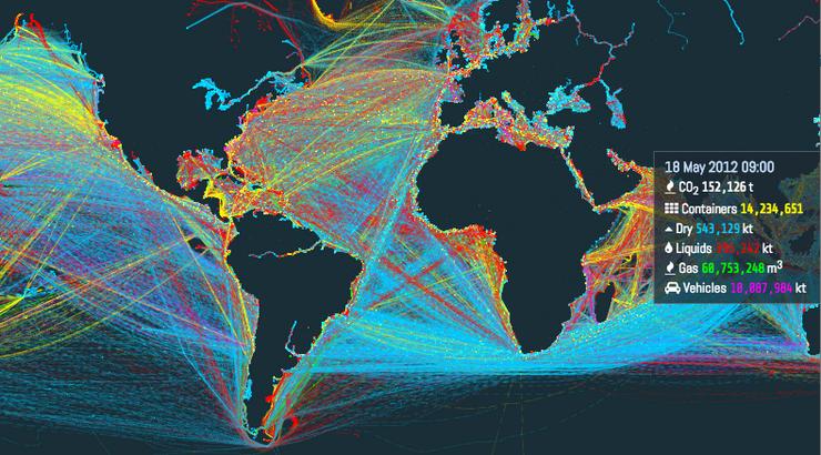 Os continentes, debuxados polo trazo das rutas marítimas de todo o mundo, co mapa interactivo do UCL Energy Institute.