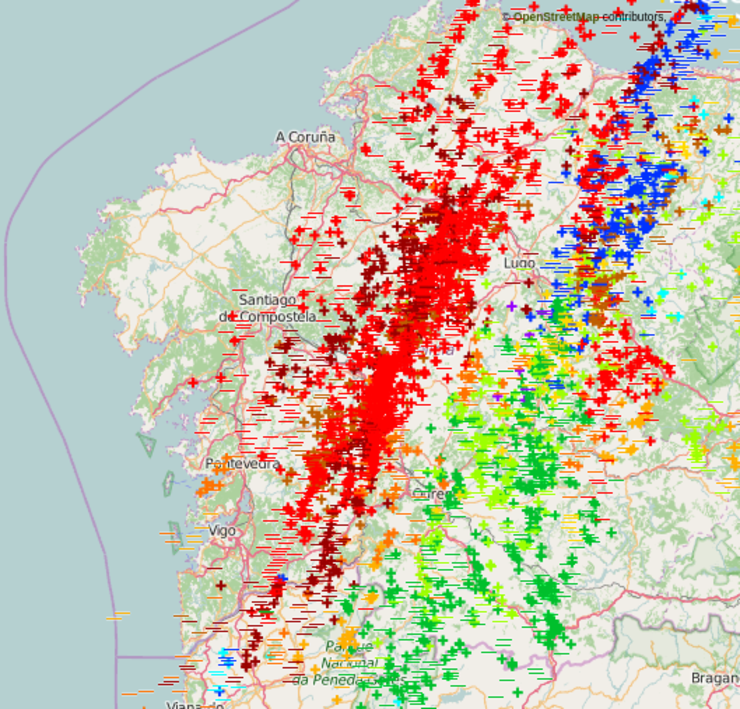 Mapa dos 6500 raios caídos en Galicia o 24 de agosto de 2016