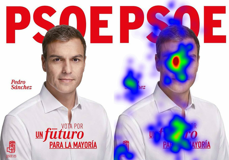 Cartel electoral do PSOE e o mapa de calor que amosa os puntos aos que prestamos máis atención 