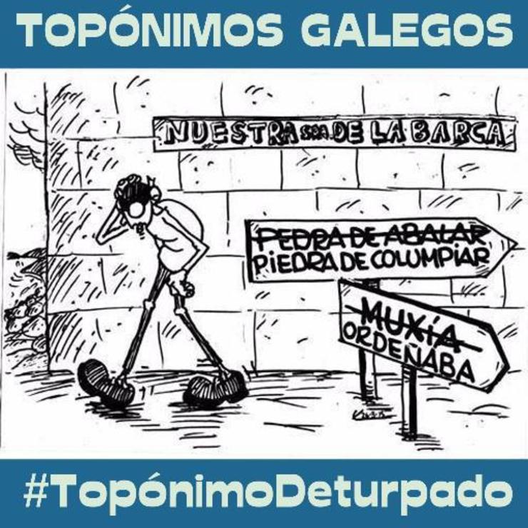 Viñeta humorística sobre a deturpación de topónimos 