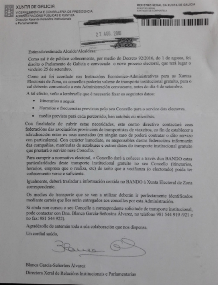 Escrito da Xunta enviado aos concellos para facilitar o transporte dos veciños nas eleccións do 25S