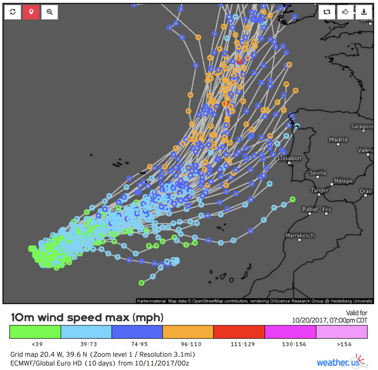 Predición a medio e longo prazo do camiño do furacán Ophelia por parte do Centro Europeo (ECMWF)