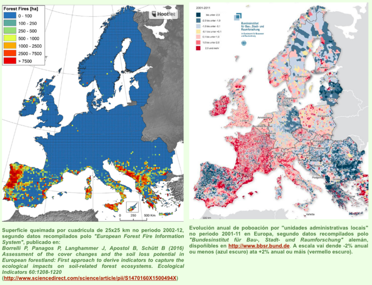 Mapa de superficie queimada en Europa entre 2002 e 2012 e da evolución anual de poboación no período 2001-2011 