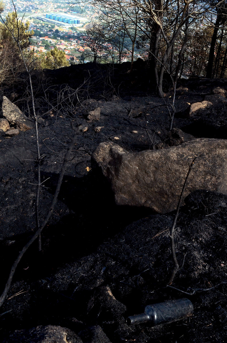 Zona do Monte dos Pozos queimada polo lume, co Hospital Álvaro Cunqueiro de Vigo ao fondo, tras os devastadores incendios que arrasaron Galicia en pleno outubro 