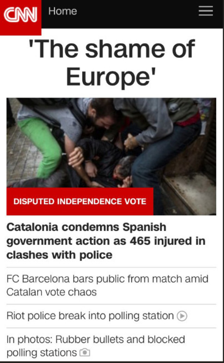 Titular de CNN, A vergoña de Europa, sobre  a violencia policial en Cataluña