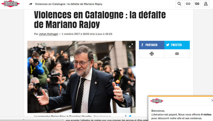 A derrota de Rajoy titula o xornal francés Liberation sobre o acontecido en Cataluña