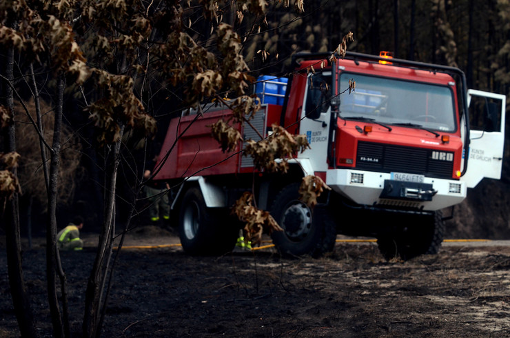 Operarios da Xunta traballan no bosque totalmente calcinado en Ribarteme (As Neves), tras os devastadores lumes que arrasaron a zona e boa parte de Galicia en pleno outubro de 2017 