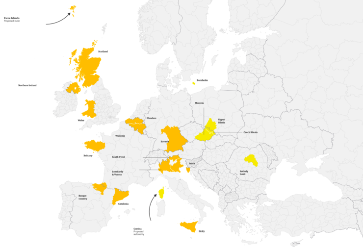 Mapa publicado por The Guardian que sinala as rexións de europas con aspiracións independentistas, no día no que se declarou a República Catalá 