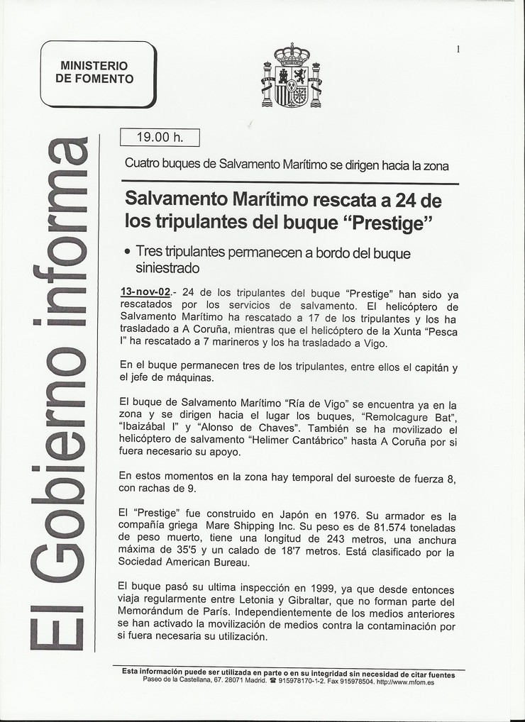 Nota de prensa de Fomento horas despois do accidente do Prestige