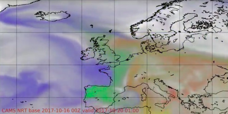 Así se esparexeron por Europa as cinzas dos incendios en Portugal e Galicia en outubro de 2017 / ESA.