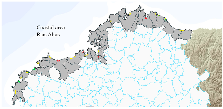 Vulnerabilidade turística de praias en risco de inundacións nas Rías Altas. Verde: praias con baixa vulnerabilidade turística; amarelo: vulnerabilidade media; vermello: alta vulnerabilidade | Fonte: Environments 2017, 4(4), 83.