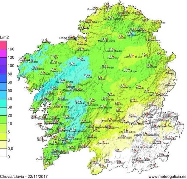 Mapa de Meteogalicia coas choivas deste mércores en Galicia 