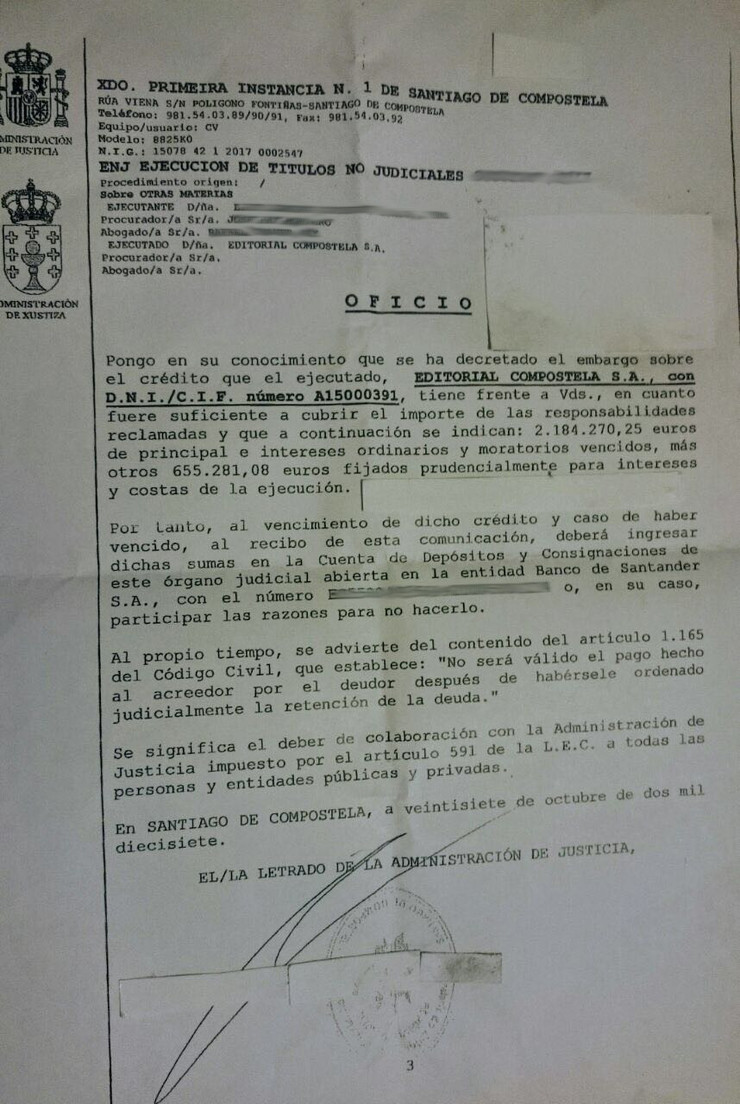 Oficio dun xulgado de Santiago coa débeda reclamada a El Correo Gallego por parte de Lico Leasing
