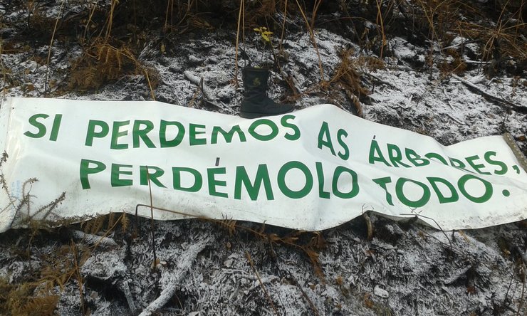 Pancarta de Amigos da Terra no alto de Couso en San Mamede. 