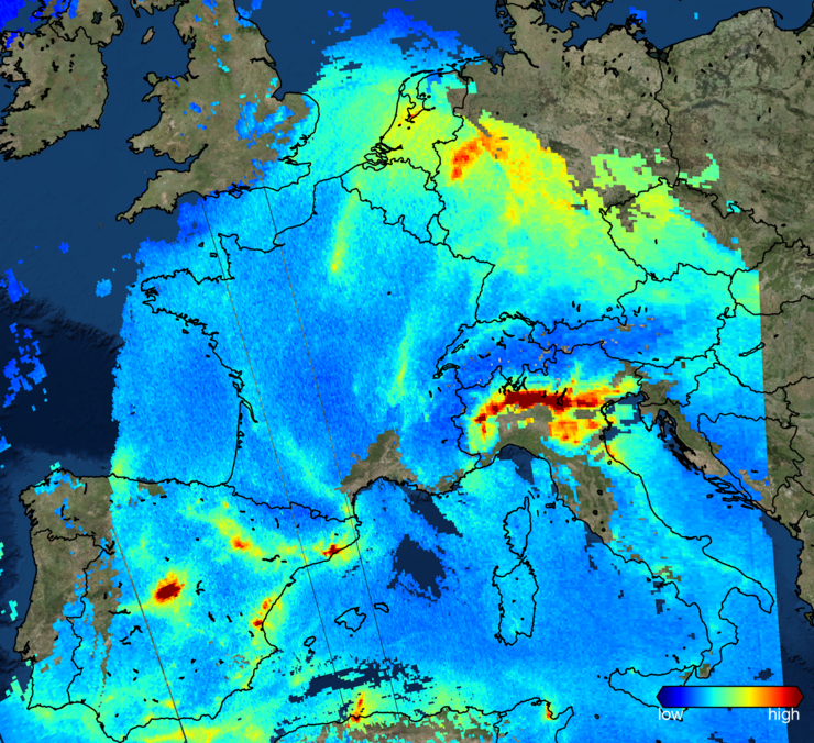 Mapa de contaminación por dióxido de nitróxeno en Europa, con datos do satélite Sentinel-5P 