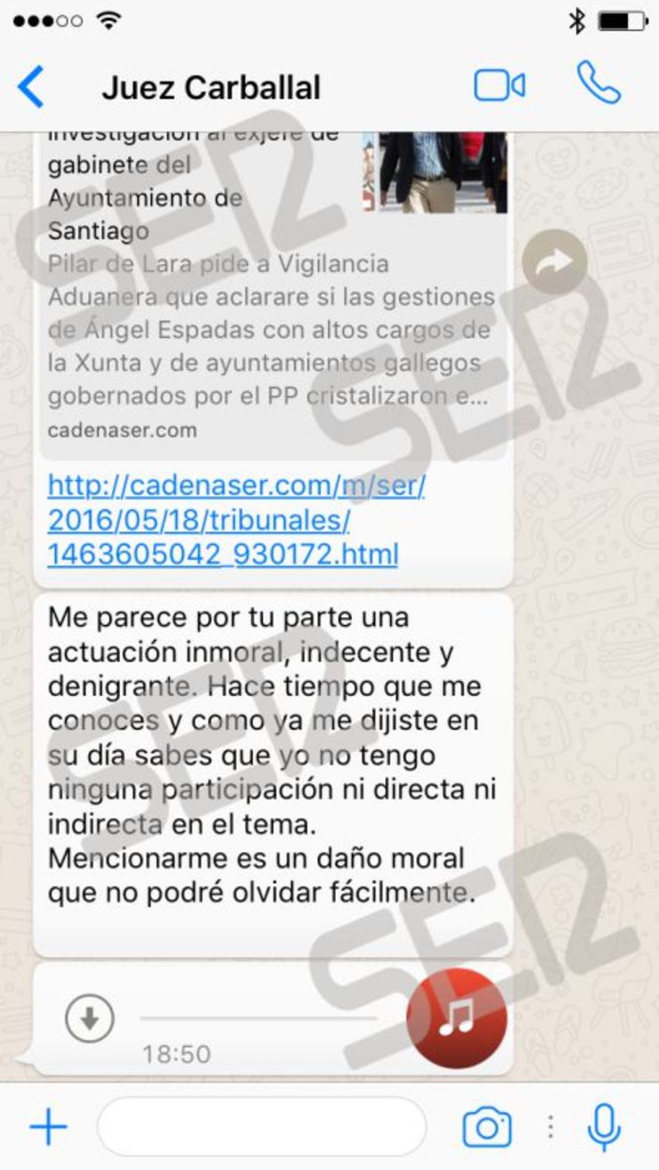 Mensaxe de Whats Up mandado polo xuíz Carballal ao xefe de Aduanas Hermelino Alonso Eiras 