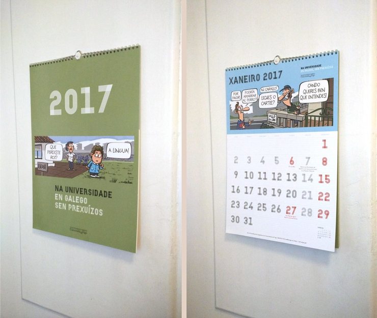 Calendario de 2017 da Área de Normalización Lingüística da Universidade de Vigo, deseñado polo estudo Desoños con viñetas de Luís Davila 