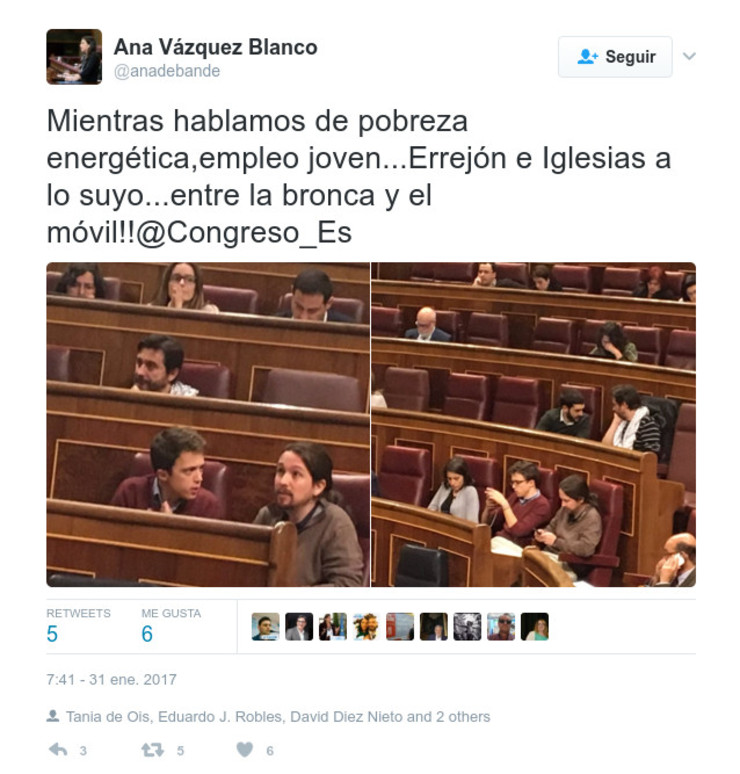 Suposta discusión entre Errejón e Iglesias no Congreso captada pola deputada do PP Ana Vázquez Blanco