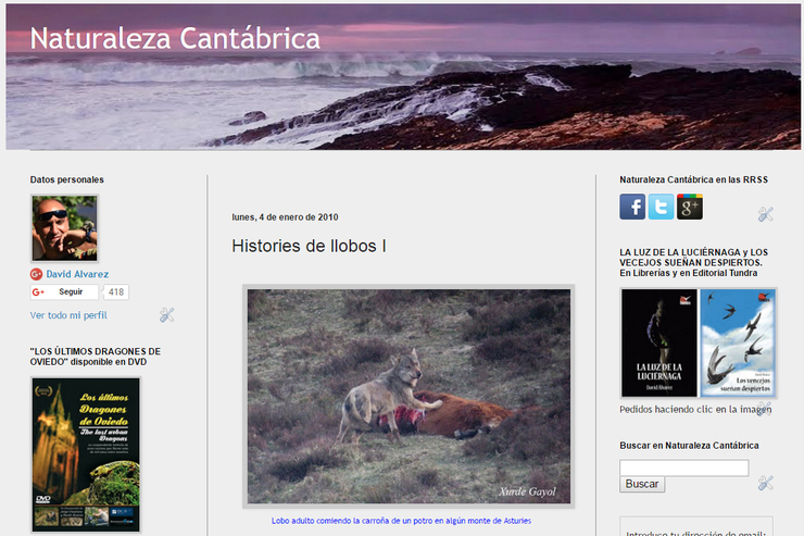 Captura do blog Naturaleza Cantábrica coa imaxe dun lobo devorando un cabalo, publicada o 4 de xaneiro de 2010 e que La Voz utilizou o 1 de xaneiro de 2017 para publicar unha nova falsa 