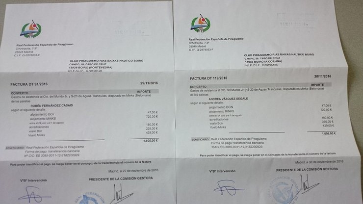 Facturas enviadas pola Federación ao Club Piragüismo Rías Baixas_Náutico Boiro. 