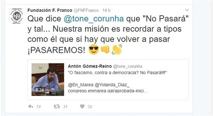Resposta ameazante da Fundación Francoa ao deputado Antón Gómez-Reino.