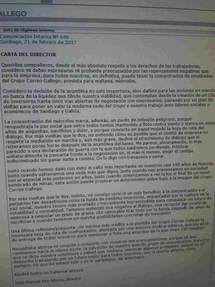 Carta do director de El Correo Gallego que os traballadores atoparon na intranet do medio 