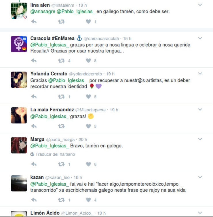Contestacións a un tuit de Pablo Iglesias sobre Rosalía de Castro