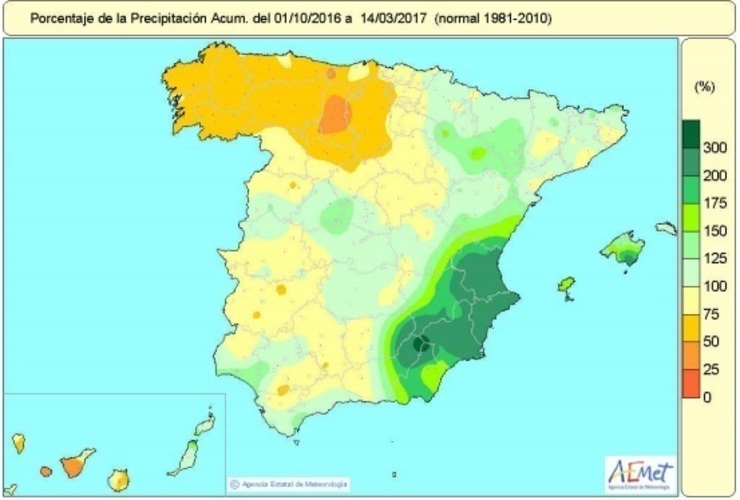 Distribución das precipitacións acumuladas en España