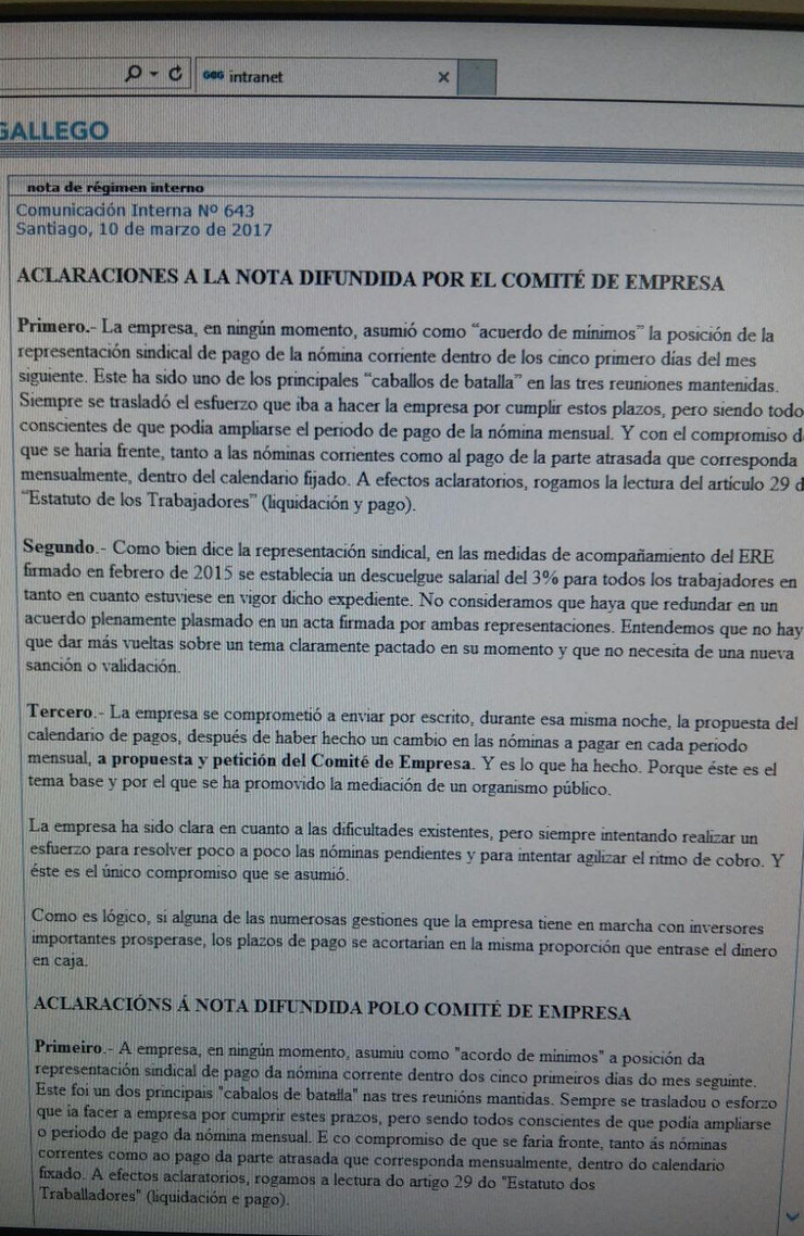 Comunicado remitido pola dirección de El Correo Gallego aos traballadores